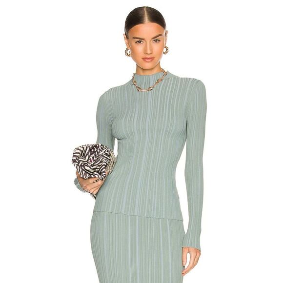 ENA PELLY Sage Green Ribbed Stretch High Neck Bodycon Long Sleeve Shirt Size 2 - Picture 1 of 6